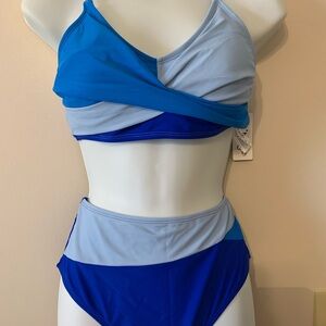 Three-Tone Blue Wrap Bikini Set - Women Swim